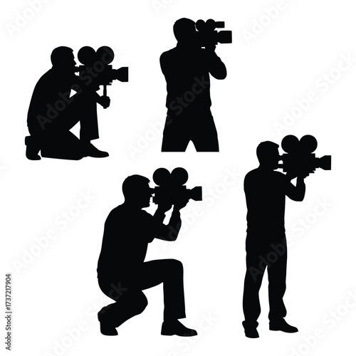 Silhouettes of videographers filming with vintage cameras action poses dynamic media professionals capturing footage silhouette