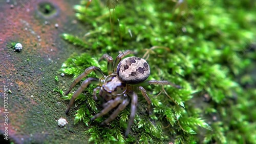 Tiny Jumping Spider with Spotted Abdomen on Green Moss.