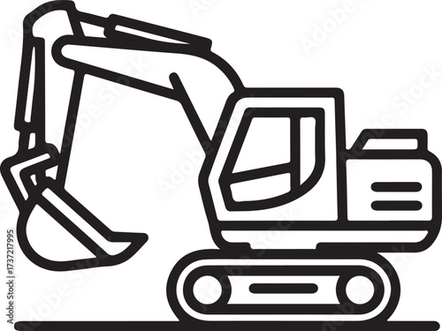 Simple line art illustration of a crawler excavator machine on a flat surface