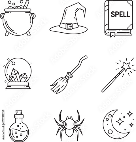  This compilation showcases nine distinct outline illustrations depicting classic magical and witchy items.