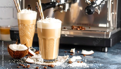 Two iced coffee drinks topped with coconut