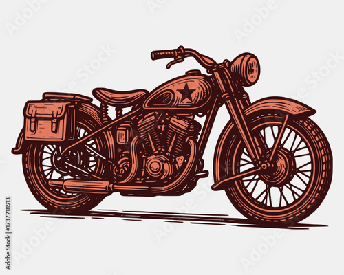 Vintage Motorcycle Illustration with Star Emblem and Saddlebags