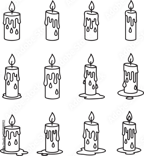 A grid of twelve black and white line art illustrations, each depicting a lit candle. Various candles show wax melting and dripping down their sides, with a small flame at the top.
