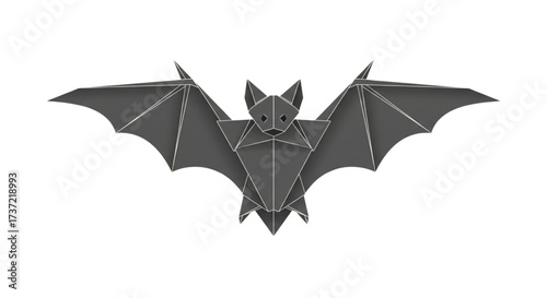 Dark gray geometric origami bat with wide spread wings. Minimalist paper craft art, perfect for Halloween decorations, isolated.