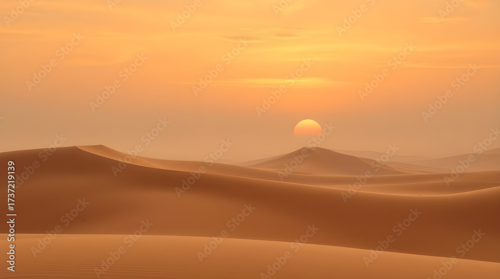 Obraz premium Epic Sunset or Sunrise Over Sand Dunes Landscape with Sun Centered Behind a Distant Hill in a Misty Desert Haze