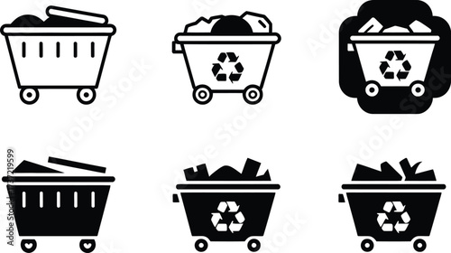 Collection of Recycling Bins and Carts with Waste