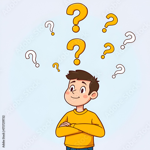 Young man cartoon character with question mark above thinking searching answers isolated set
