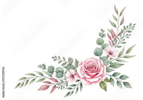 Elegant watercolor floral corner arrangement with pink roses and greenery Isolated on transparent background