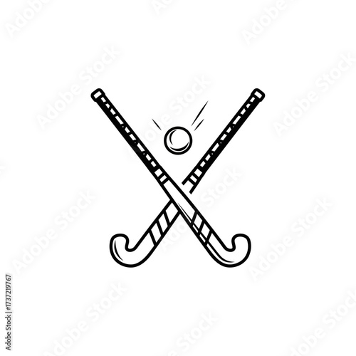 Crossed field hockey sticks and ball hand-drawn vector icon. Outline doodle sketch symbolizing a sports game, team competition, or athletic activity