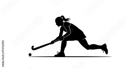 Female field hockey player poised to strike the ball in a competitive match. Clean vector silhouette icon representing women's sports and athleticism