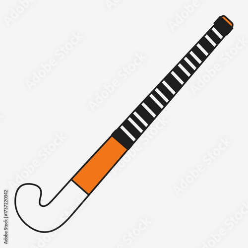 Stylized illustration of a field hockey stick with an orange accent and black grip, representing team sports equipment on a clean background