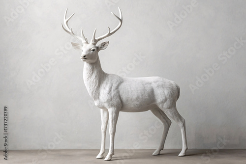 White sculptured stag with large antlers, front-facing view, majestic stance, detailed facial features, muscular body form, noble wildlife artistic interpretation.