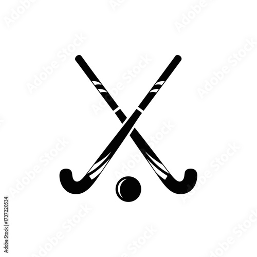 Classic black and white vector icon of two crossed field hockey sticks and a ball, representing a sports team or competition emblem