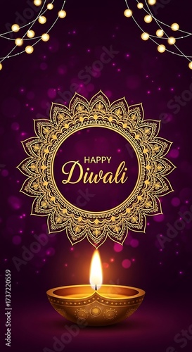 Happy diwali greeting with a golden mandala and a lit diya lamp, celebrating the festival of lights with decorative elements and bokeh