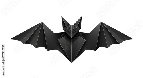 Striking black origami bat with wide spread wings. Geometric folded paper craft, minimalist Halloween, spooky, dark designs.