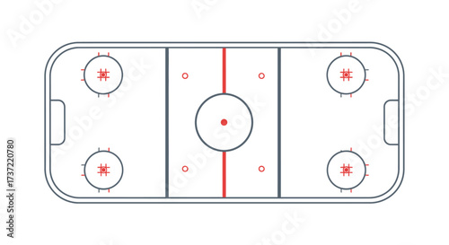 A detailed top-down vector illustration of a standard ice hockey rink, showing the schematic layout of zones and markings for a sports game