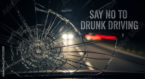 Shattered windshield view of nighttime road with bright headlights and taillights, urging to say no to drunk driving