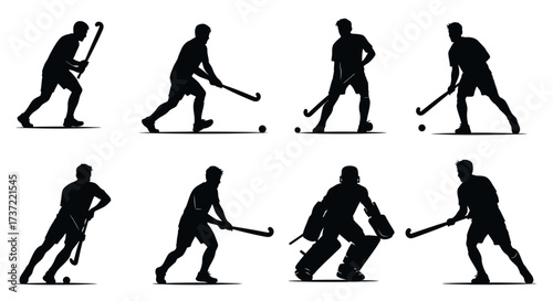 A dynamic set of field hockey player silhouettes showing various action poses and a goalkeeper, isolated on a white background as vector illustrations