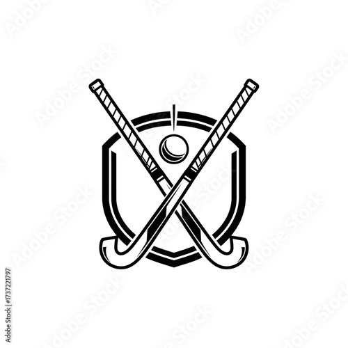 A powerful monochrome emblem for field hockey, featuring two crossed sticks and a ball set against a classic shield. This vector icon is ideal for team logos and club insignias