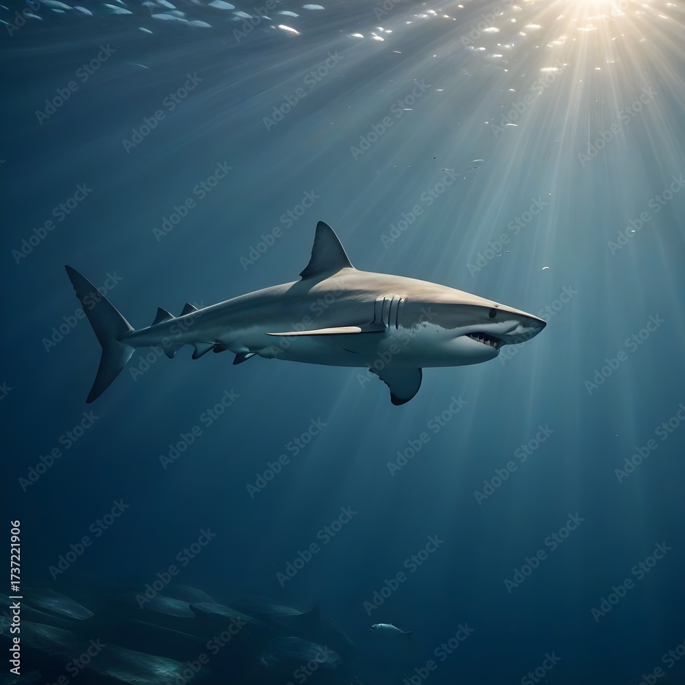 Naklejka premium Majestic Shark Under the Sea A Stunning Underwater Wildlife Portrait