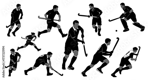 Dynamic vector illustration set of male field hockey player silhouettes in various active and athletic poses
