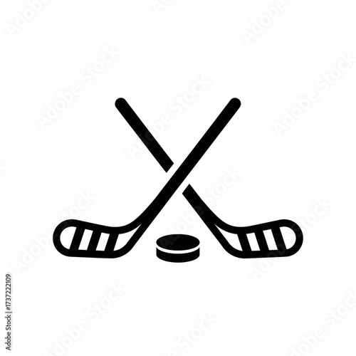A minimalist monochrome representation of ice hockey equipment, featuring crossed sticks and a central puck for sports competition
