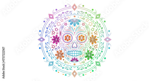 Vibrant Rainbow Gradient Sugar Skull Mandala. Ornate Floral Mexican Calavera Art for Day of the Dead Celebration.