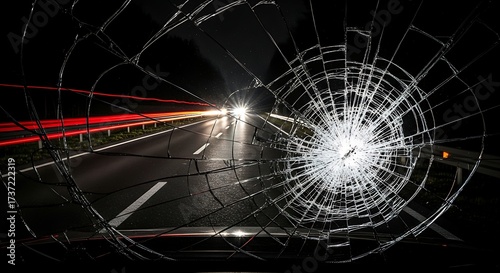 Dramatic night highway view through shattered windshield creating abstract patterns of light and motion