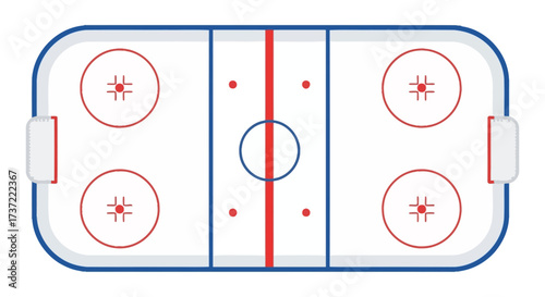 Top-down aerial view of a professional ice hockey rink layout. Vector illustration of the court with markings and lines for a game