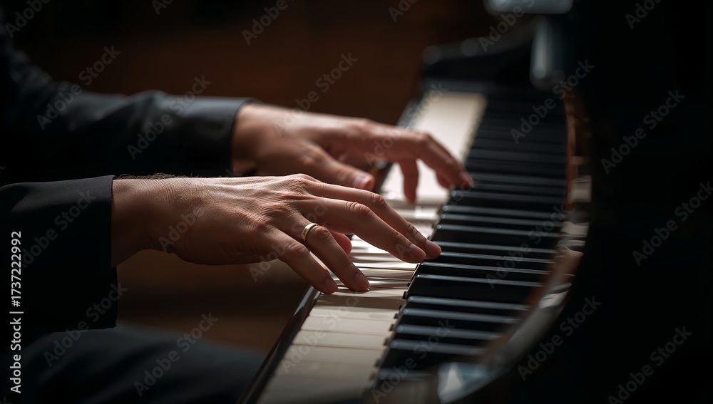 Obraz premium Musical Hands on Keys: Focused on the hands of a musician expertly playing a piano, emphasizing the elegant dance between fingers and keys, the harmony of music 