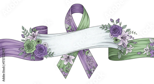 Exquisite watercolor purple and green awareness ribbon with blank scroll banner and elegant floral design for support and hope.