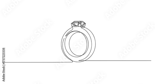 Diamond Engagement Ring Illustration in Minimal Continuous Line Art Style with Solitaire Setting on White Background
