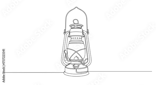 Vintage Oil Lantern Illustration in Minimal Continuous Line Art Style with Handle and Glass Chamber on White Background