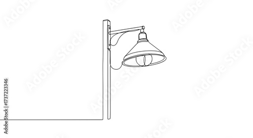 Wall-Mounted Vintage Lamp Illustration in Minimal Continuous Line Art Style with Exposed Bulb on White Background