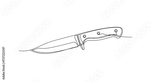 Fixed-Blade Hunting Knife Illustration in Minimal Line Art Style with Detailed Handle on White Background