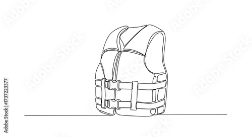 Life Jacket Illustration in Minimal Line Art Style with Zipper and Buckle Straps on White Background