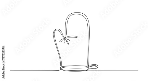 Oven Mitt Illustration in Continuous Line Art Style with Hanging Loop on White Background