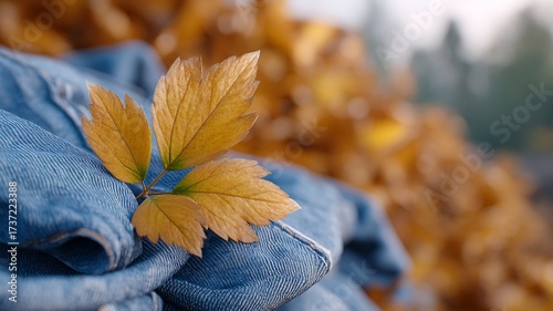 Close up of yellow autumn leaves resting on blue denim fabric with a blurred background of fallen leaves