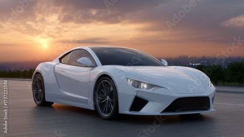 White sports car driving on a road during a sunset with city lights in the distance