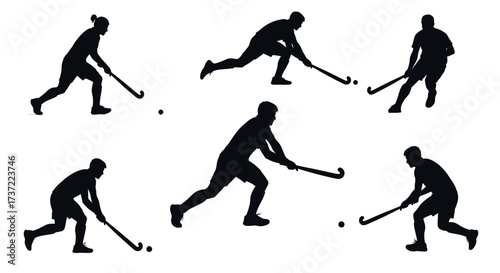 Collection of vector silhouettes showing dynamic field hockey players in various action poses. Set of isolated athletes with sticks and ball for sports design elements
