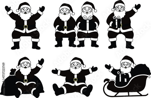 Santa Claus cartoon, festive Christmas character, holiday gift and sleigh poses, cheerful vector illustration, seasonal clipart, winter celebration, traditional icon, joyful festive design