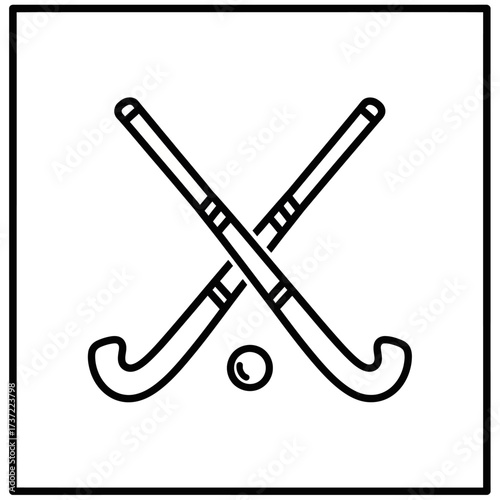 Vector line art icon of two crossed field hockey sticks with a ball. A minimalist symbol representing a sports game and competition