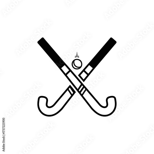 Vector graphic of crossed field hockey sticks and a ball. A minimalist black and white icon representing a sports match, teamwork, and competition