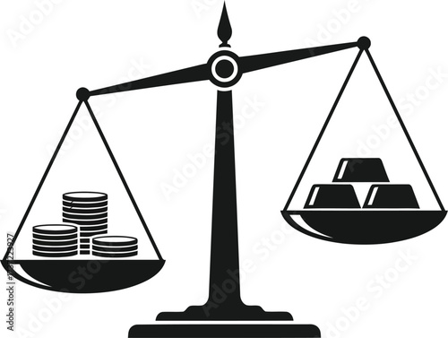 Vector art of a balance scale with a coin and gold bar