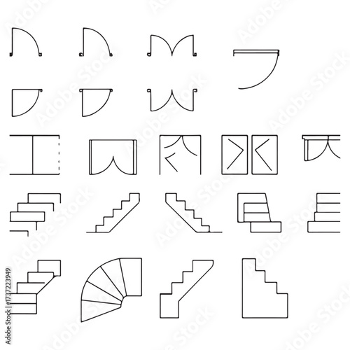 Doors, stairs for floor plan top view. Architectural elements set for apartment scheme. vector silhouette