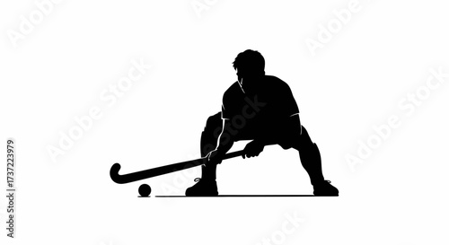 Dynamic silhouette illustration of a field hockey athlete in a crouched position with a stick and ball on a white background