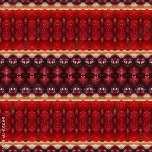 Vibrant seamless pattern of red raspberries and cherries in rows, creating a bold abstract fruit texture. Perfect for backgrounds, food art, and design.