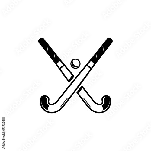 Classic field hockey sport symbol featuring crossed sticks and a ball. A clean, monochrome vector graphic icon for team competition and athletic design