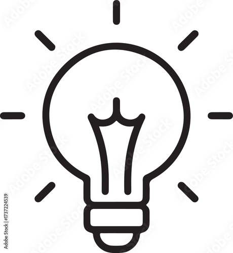 Simple black and white line art illustration of a glowing light bulb symbolizing an idea