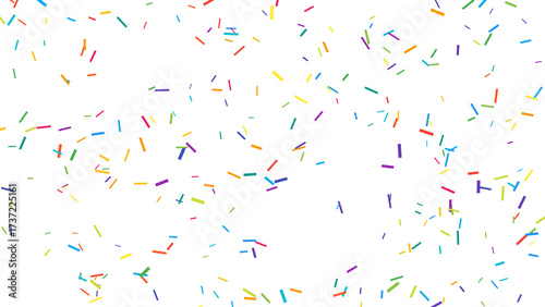 Vibrant Rainbow Sprinkles Falling Scattered on White Background. Colorful Candy Decorations for Party, Celebration, Birthday, and Sweet Dessert Designs.